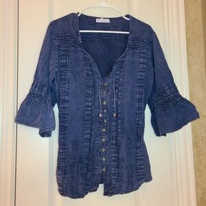 Lirome Organic Cotton Store Button-Down Boho Bell Sleeve Top Blue Medium
